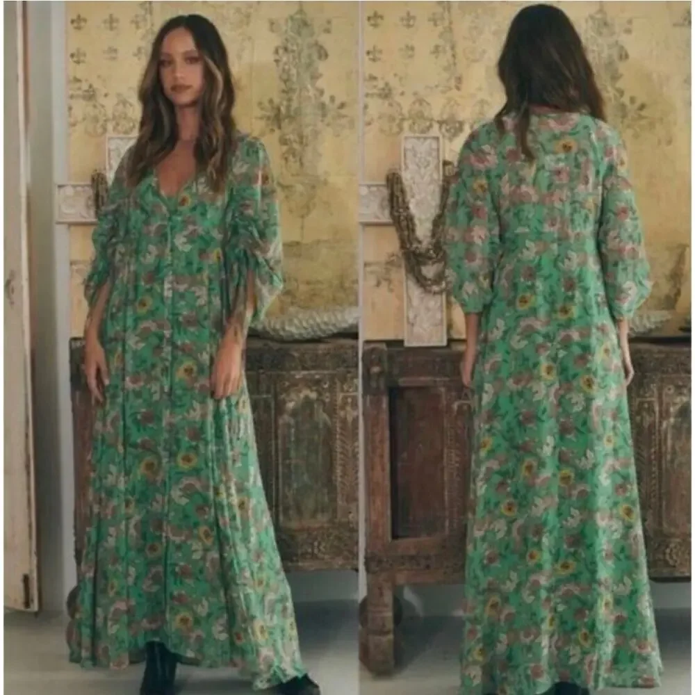 Free People Small Green Floral Boho Maxi Dress